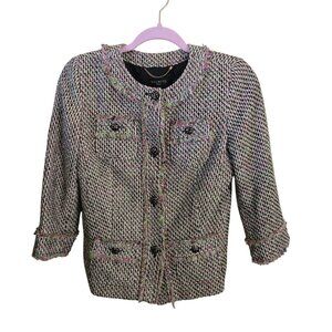 Talbots Pink Green Black Tweed Raw Hems 3/4 Sleeve Trending Blazer Size 2p